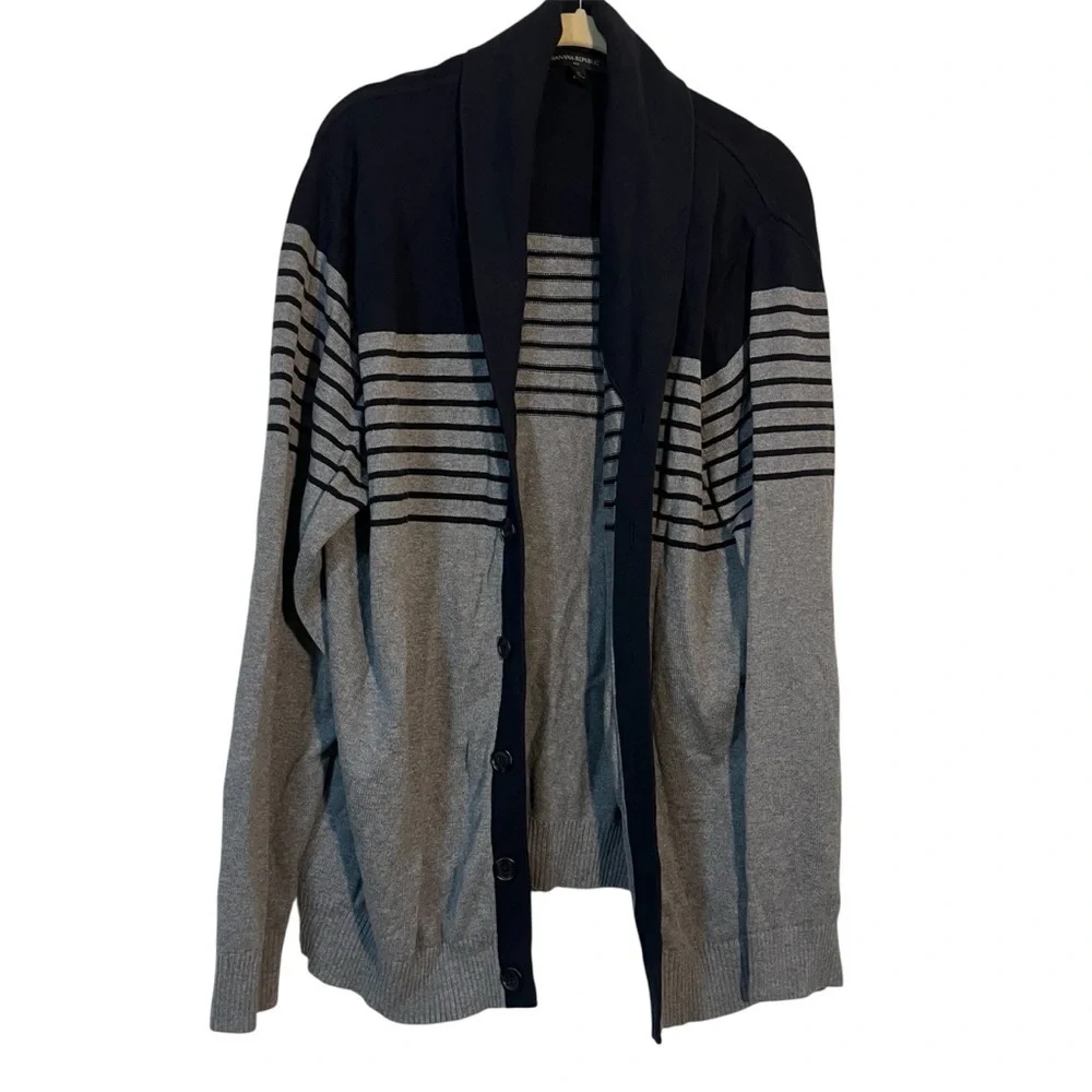 Banana Republic Men's Cardigan in Navy and Gray Stripes Size XL Grandpa Sweater